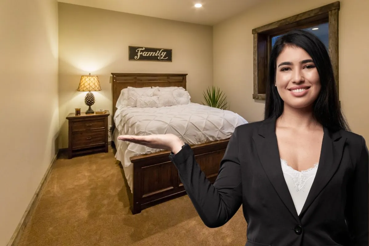 woman in black showing basement bedroom