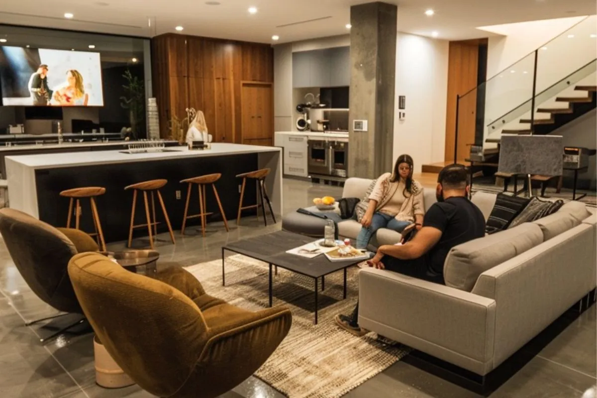 A couple relaxes on a comfortable couch in a modern basement living room