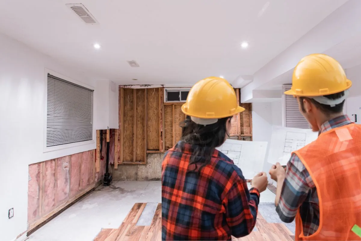 two contractors holding basement blueprint for basement renovation