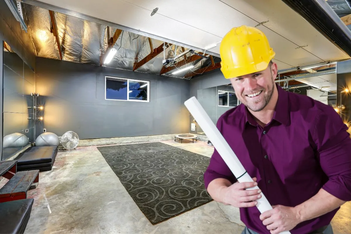 professional contractors on large basement gym room with mirror