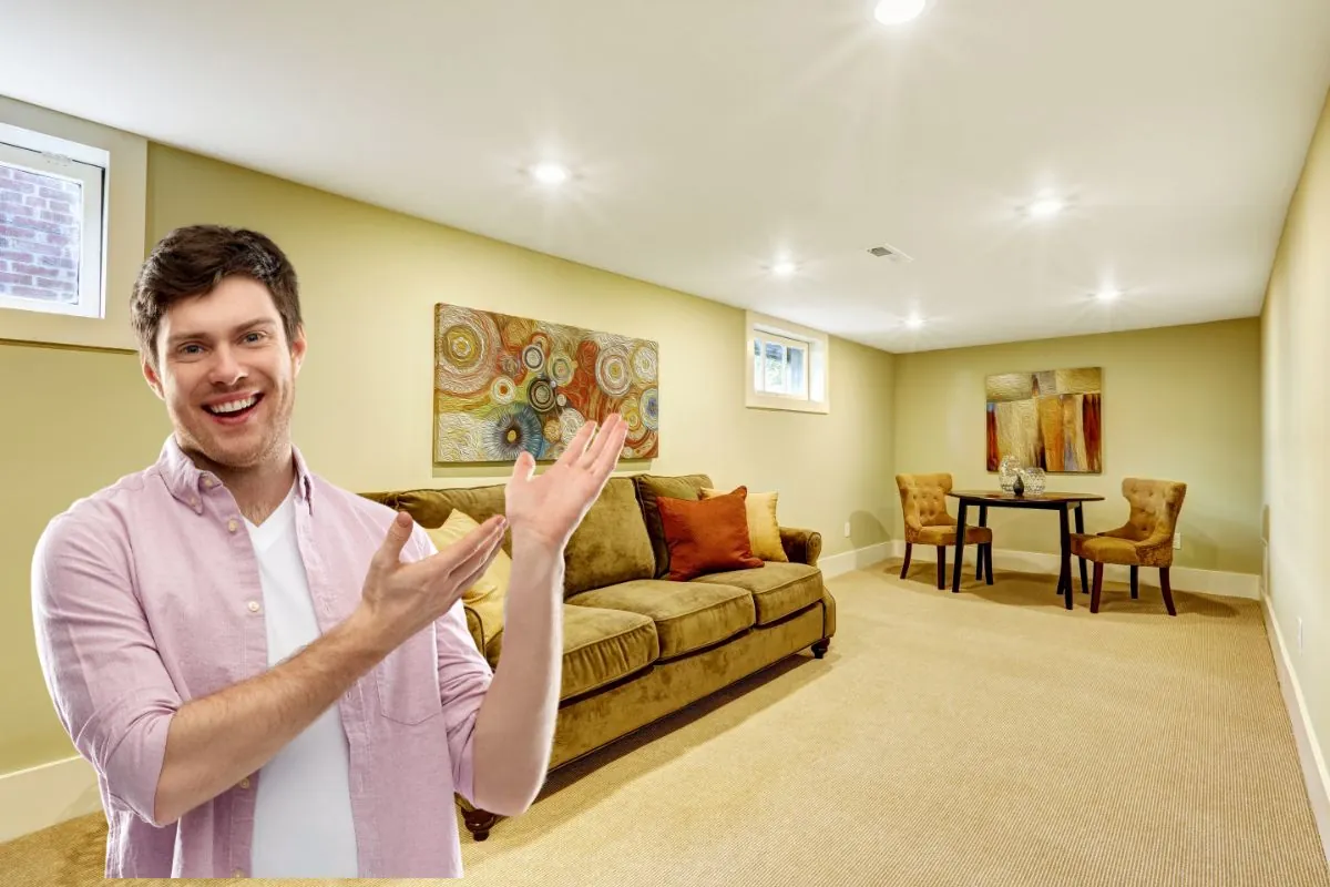 handsome man smiling and showing basement interior living space