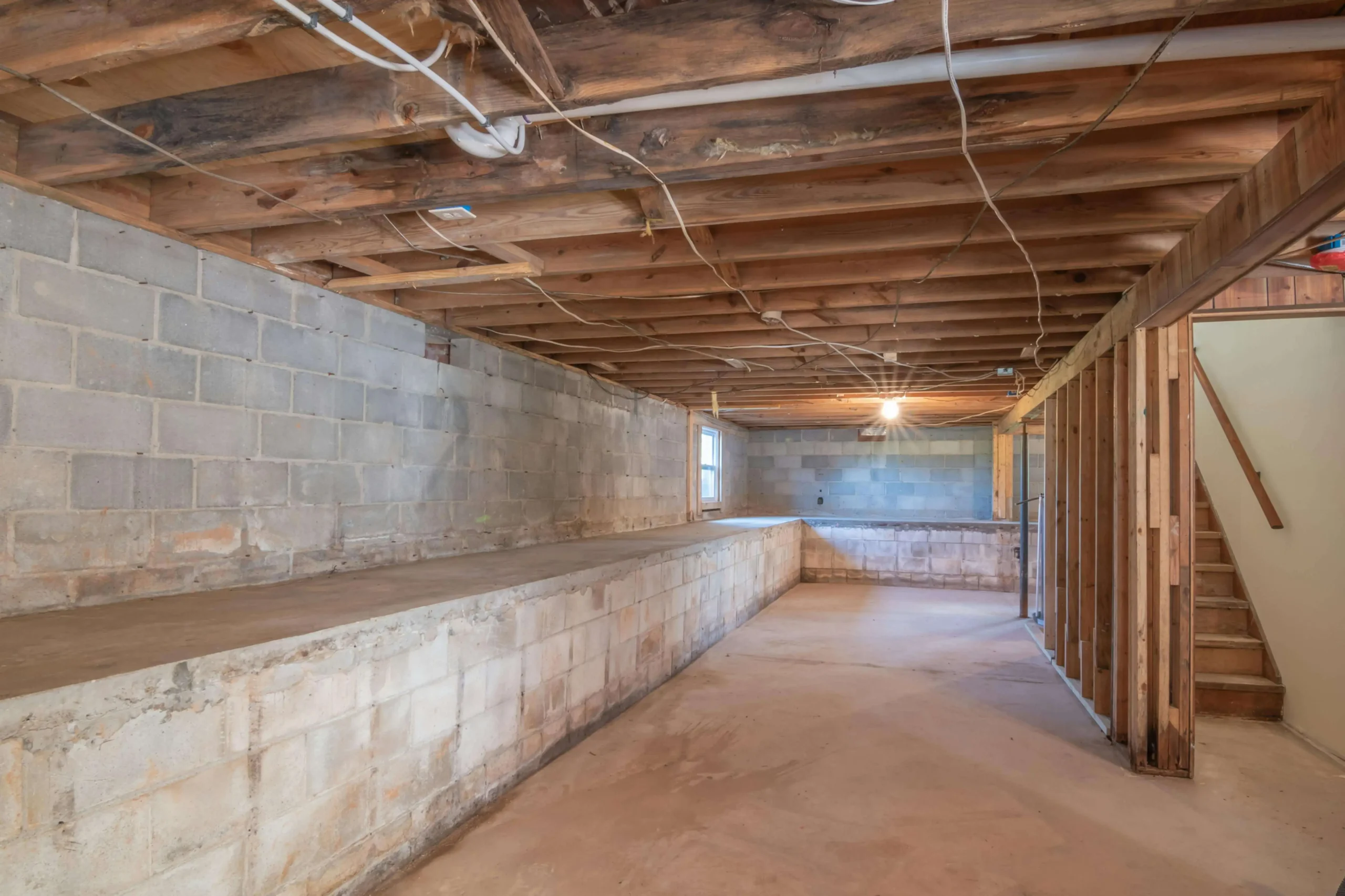 Unfinished basement with exposed ceiling beams, cinder block walls, and a staircase. Click here to learn how to finish your basement stairs for a polished look.