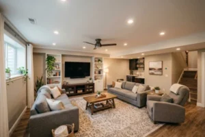 Bright basement family room featuring a drywall ceiling, recessed lighting, built-in shelving, and comfortable seating area.