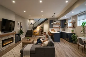 Open-concept basement featuring a gray sectional sofa, wall-mounted television, stone fireplace, dark blue kitchen cabinets, island seating, and recessed lighting.