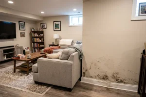 Finished basement living room with visible mold and water damage along the lower walls